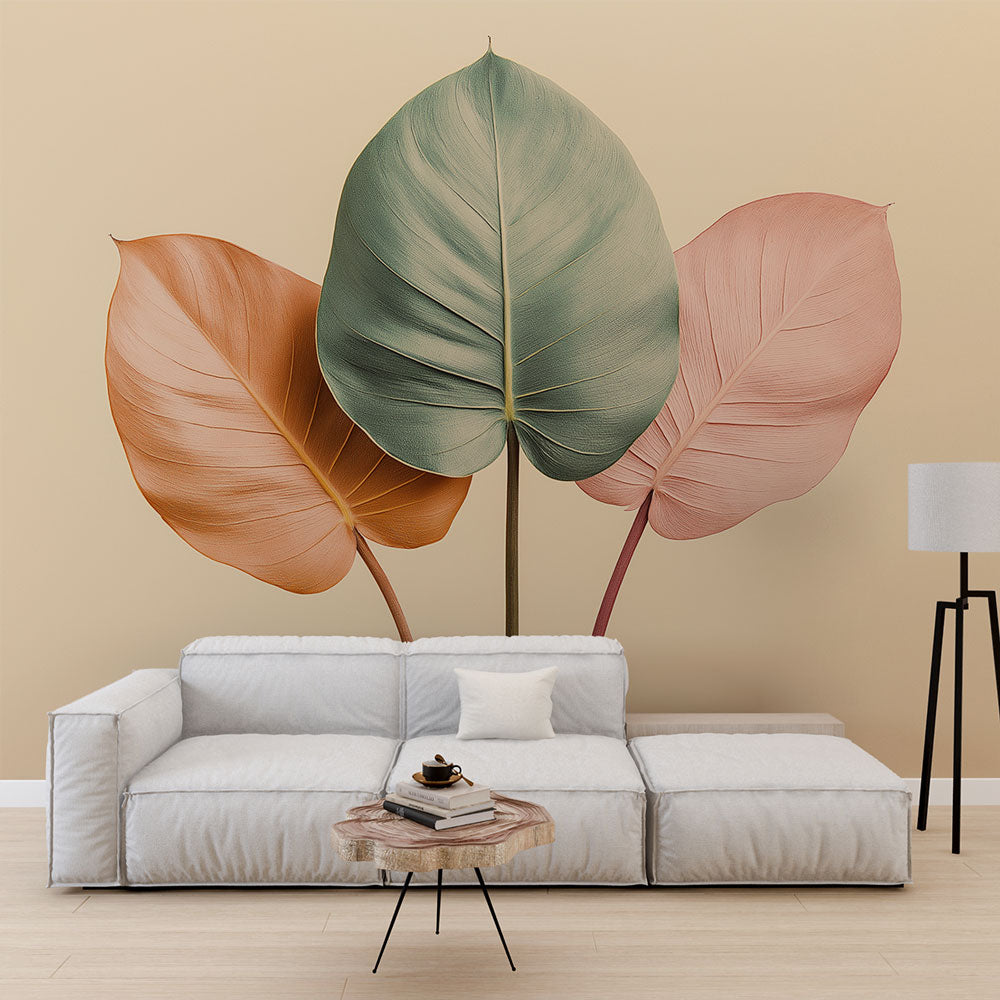 Botanical wall mural with pastel leaves creating a peaceful atmosphere in a bright modern living room