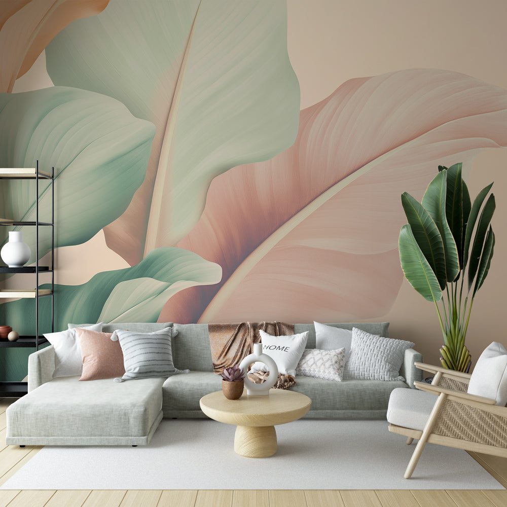 Botanical wallpaper with pastel Monstera leaves creating a peaceful atmosphere in a modern living room with natural light