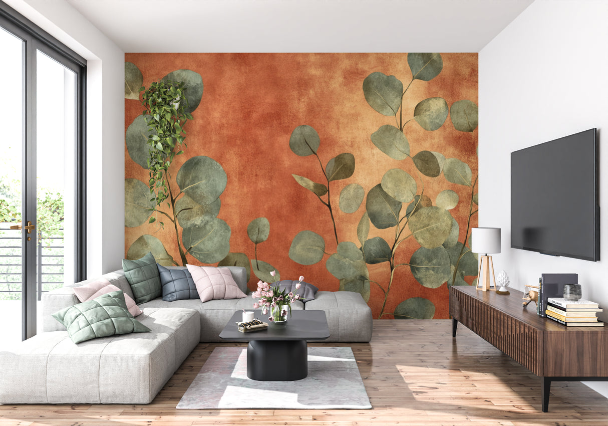 Terracotta and sage botanical mural in cozy dining room setting with wooden furniture