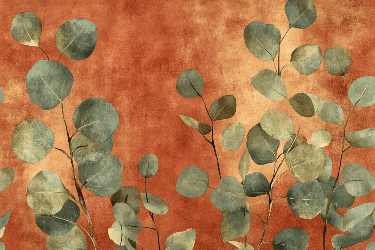 Botanical wallpaper design file showing detailed eucalyptus leaves pattern on terracotta background