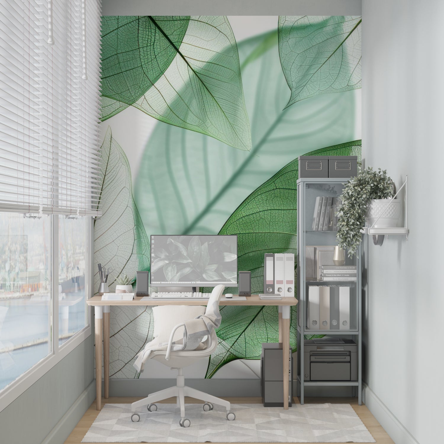 Botanical leaf wallpaper creating a fresh atmosphere in a modern living room with natural light