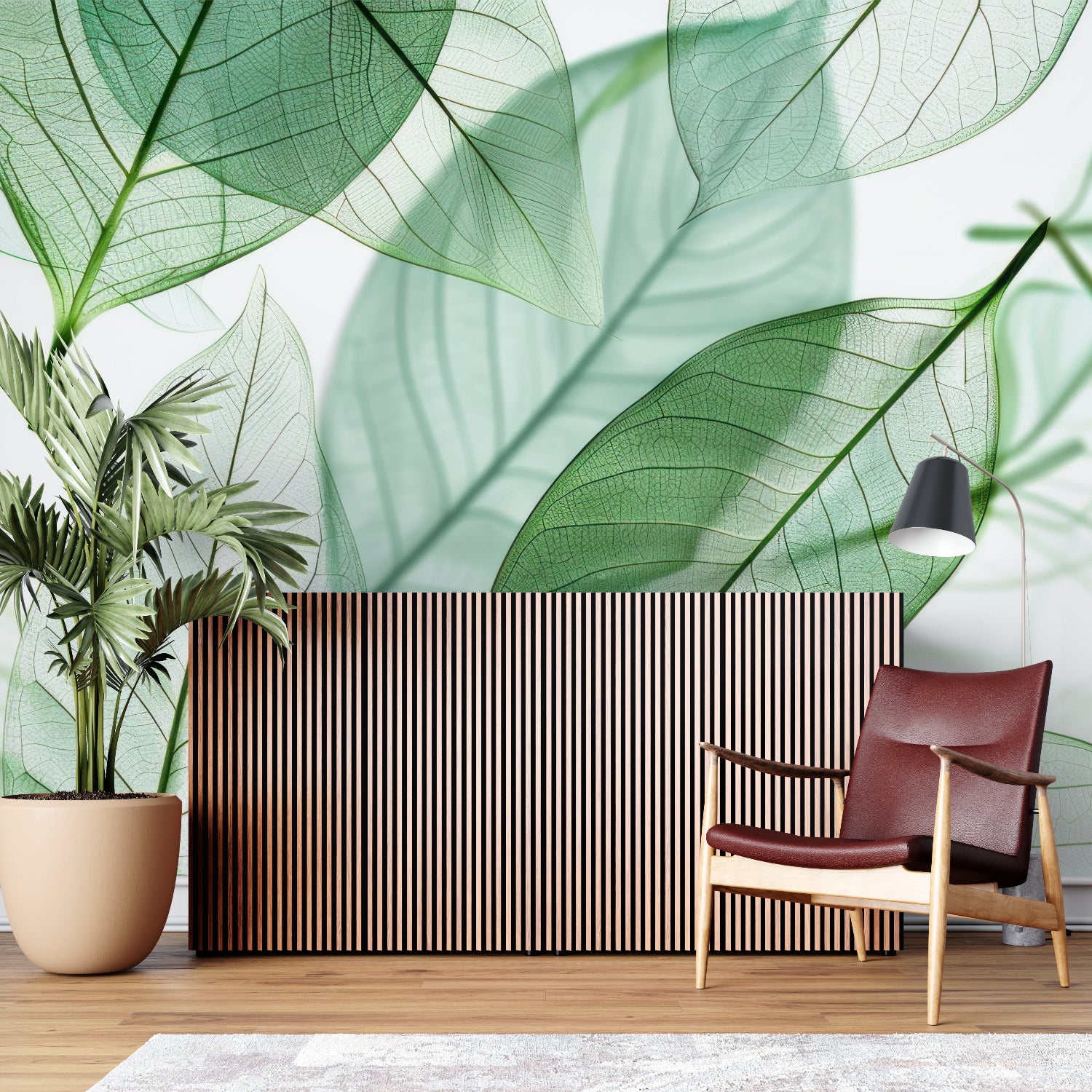 Green botanical wallpaper in a calm home office setting with wooden furniture