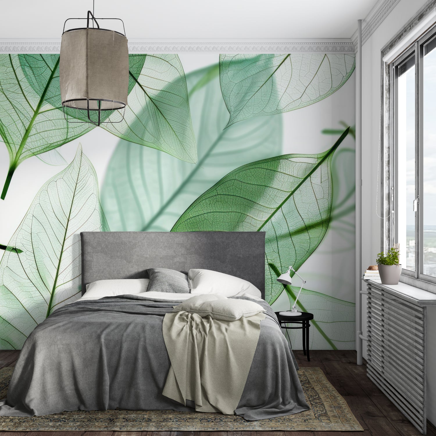 Translucent leaf wallpaper bringing nature into a bright dining room space