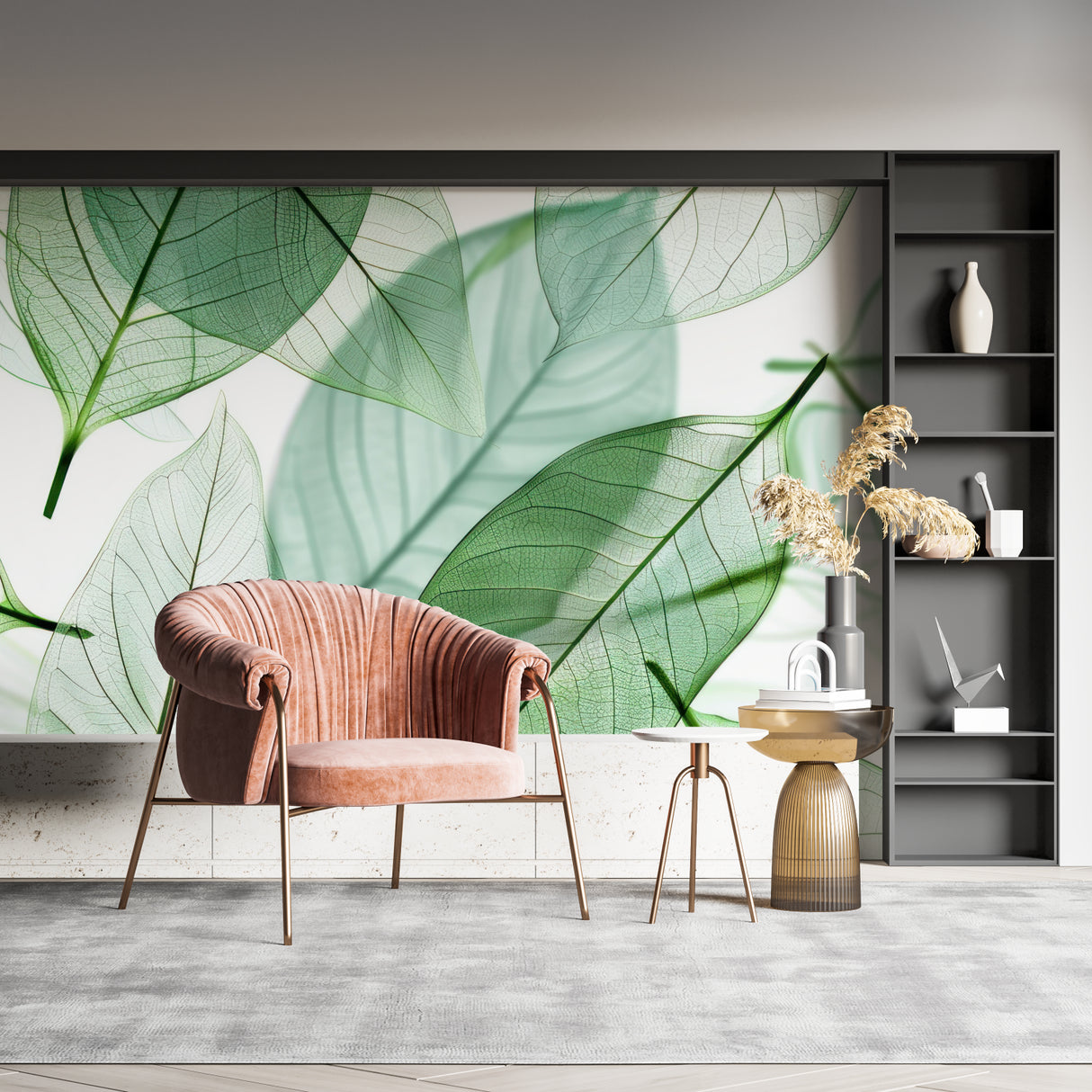 Botanical wall mural in a peaceful bedroom with soft morning light