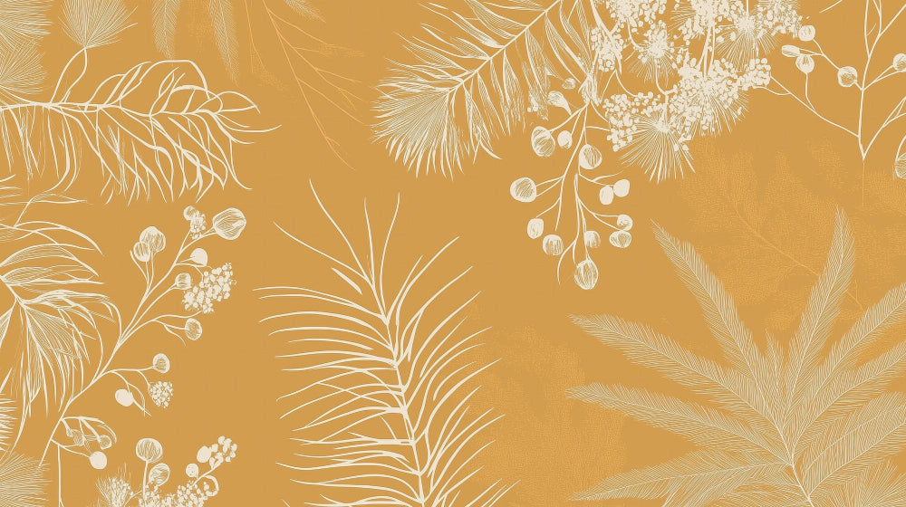 White palm leaves on gold background design file showing intricate botanical pattern details