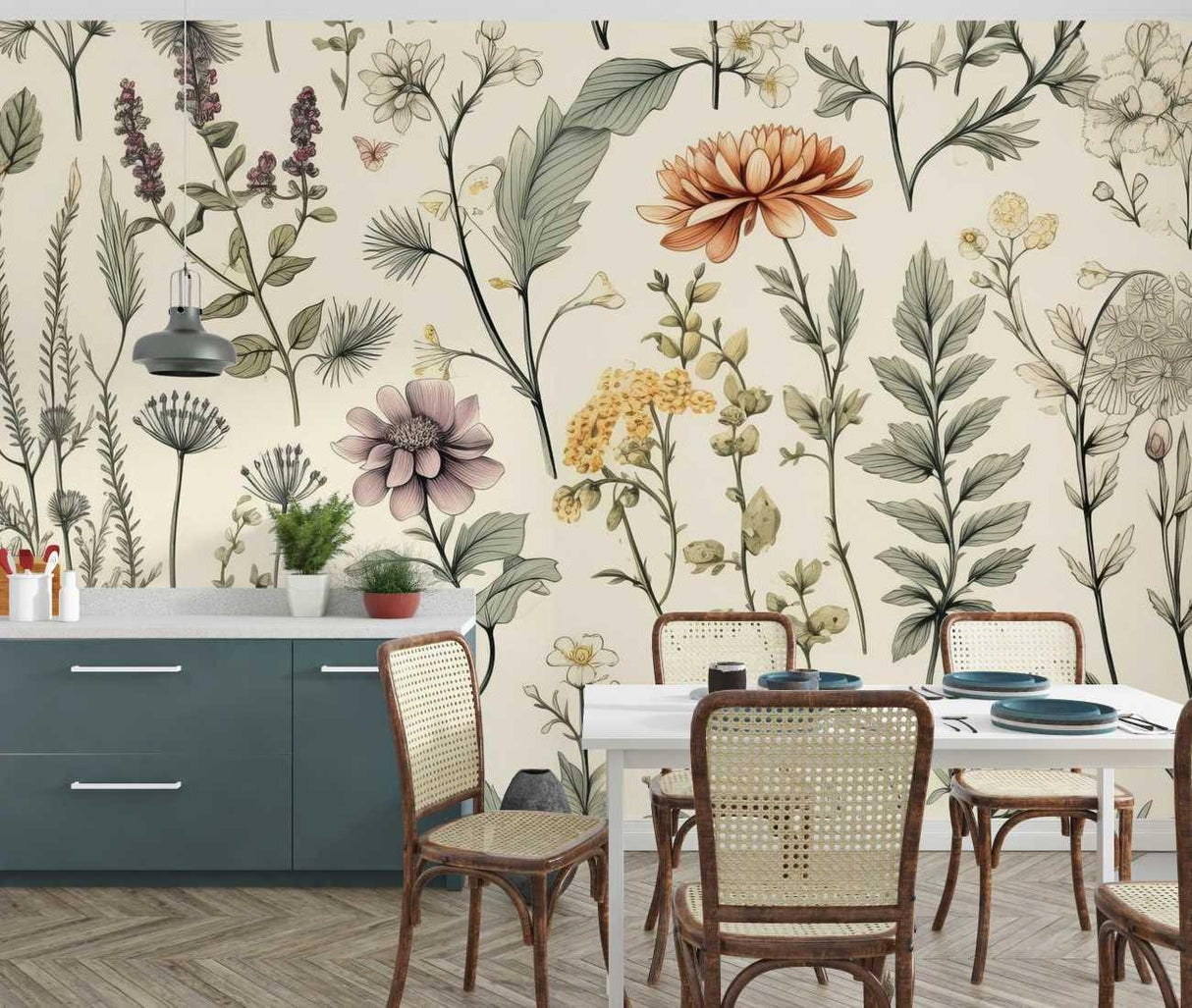 Botanical wall mural creating a fresh garden atmosphere in a bright living room with natural light