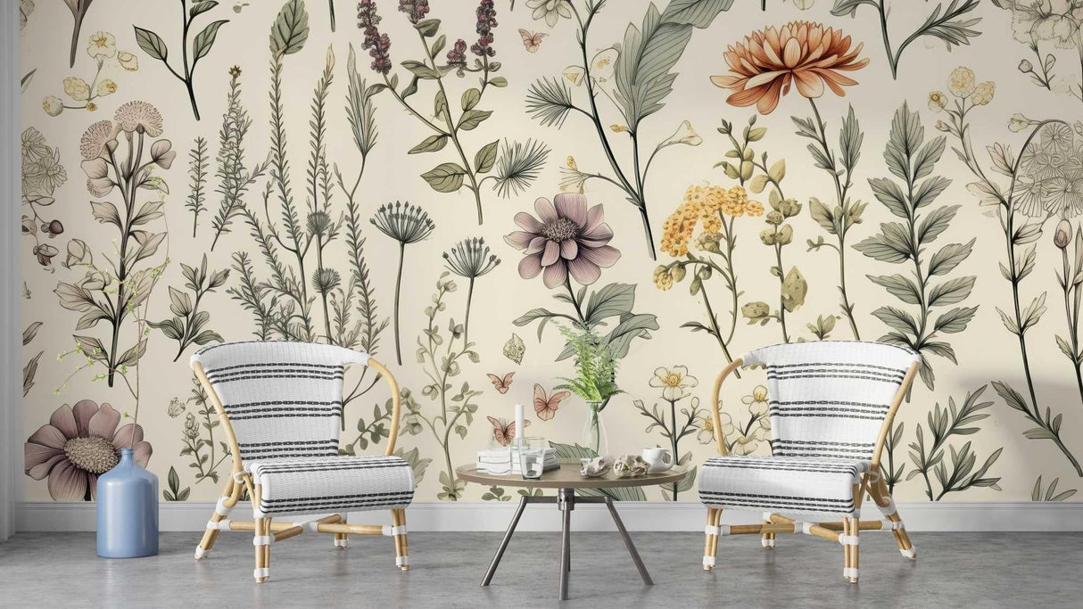 Vintage floral wallpaper adding charm to a cozy bedroom with soft furnishings