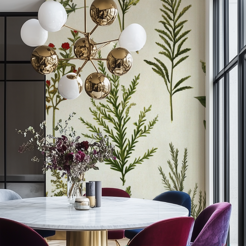 Botanical wall mural showcasing red blooms in modern bedroom setting