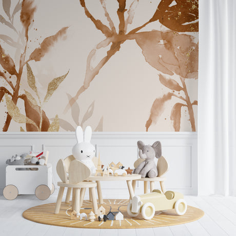 Botanical wallpaper with gold accents creating a peaceful atmosphere in a modern living room