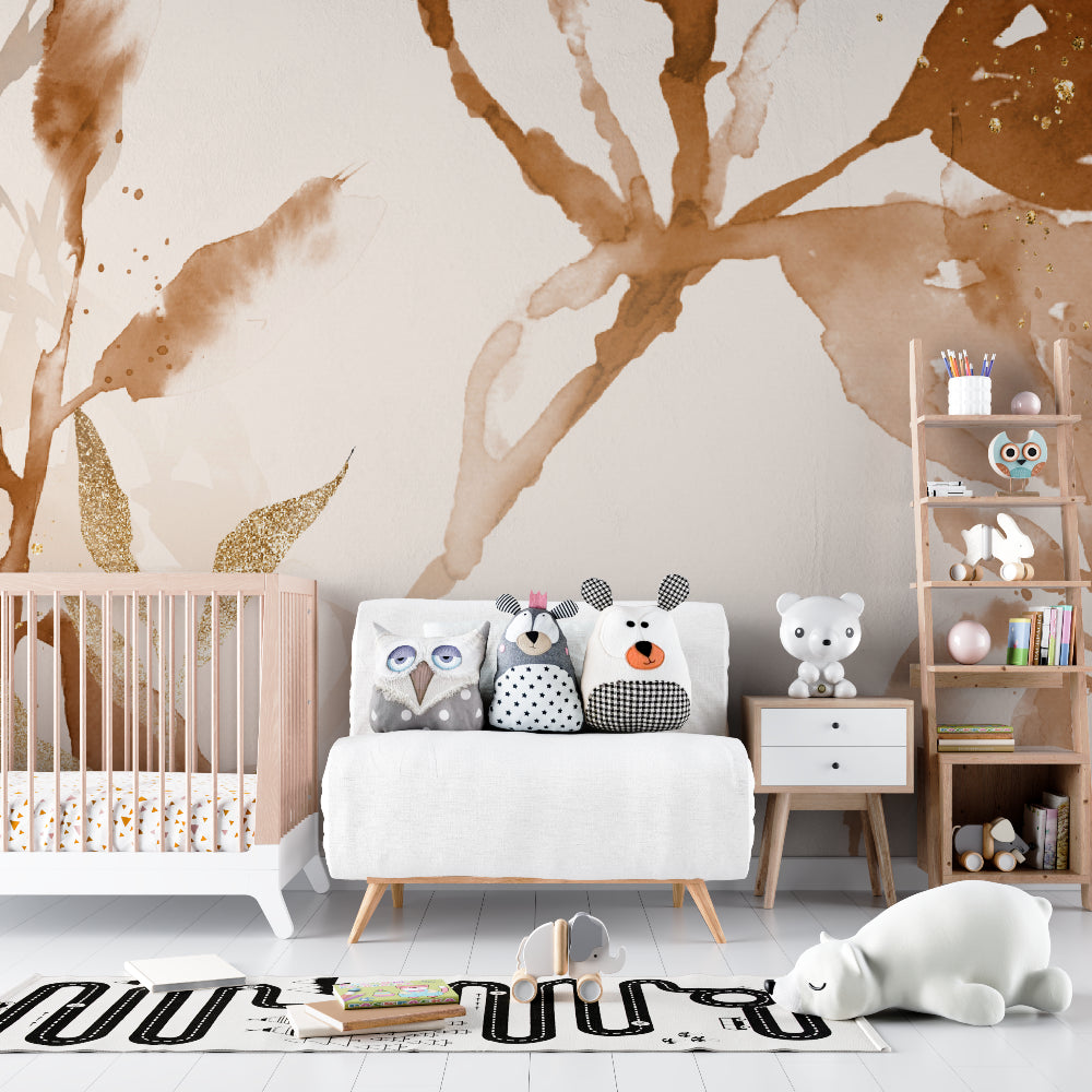 Watercolor leaf mural bringing natural elegance to a master bedroom