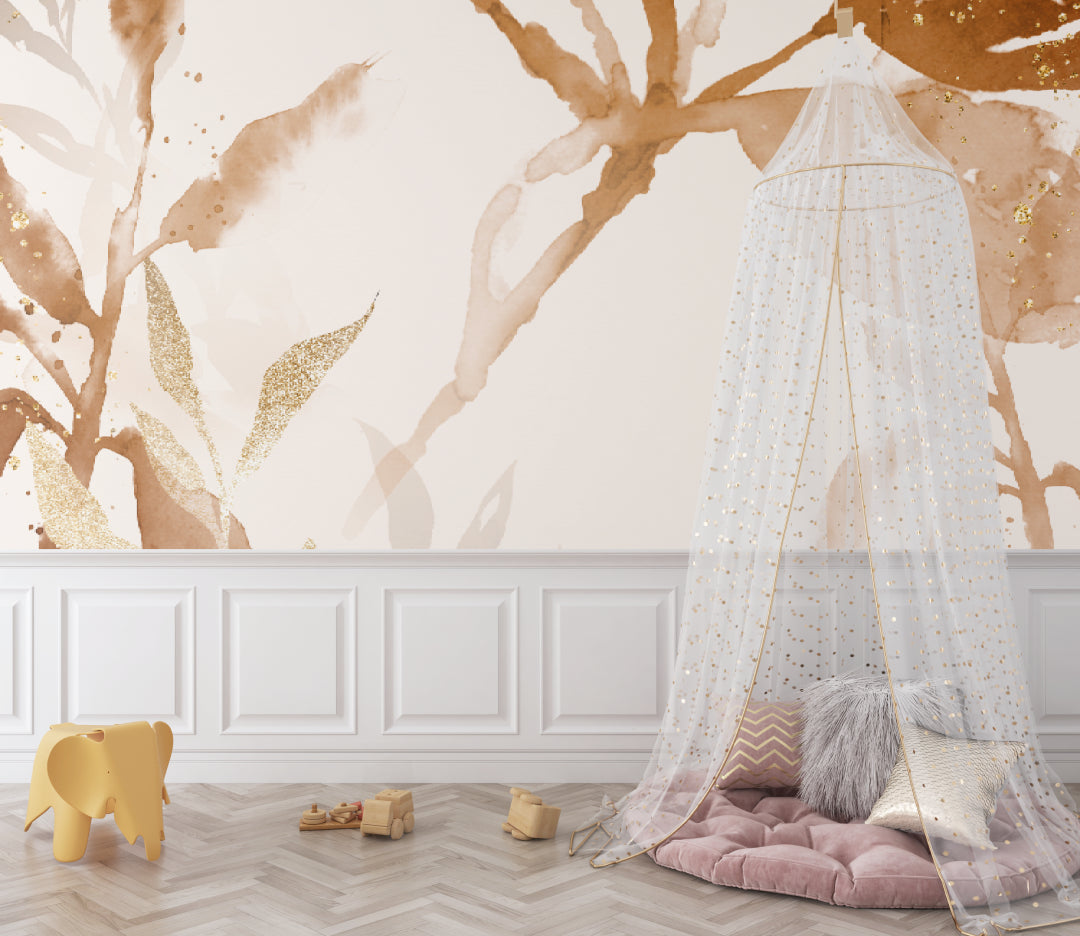 Beige and gold botanical wallpaper making a statement in a home office