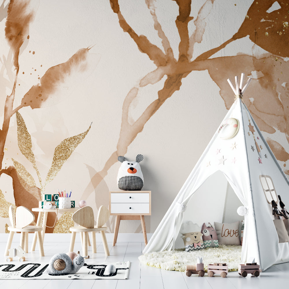Nature-inspired wall mural adding warmth to a dining room space