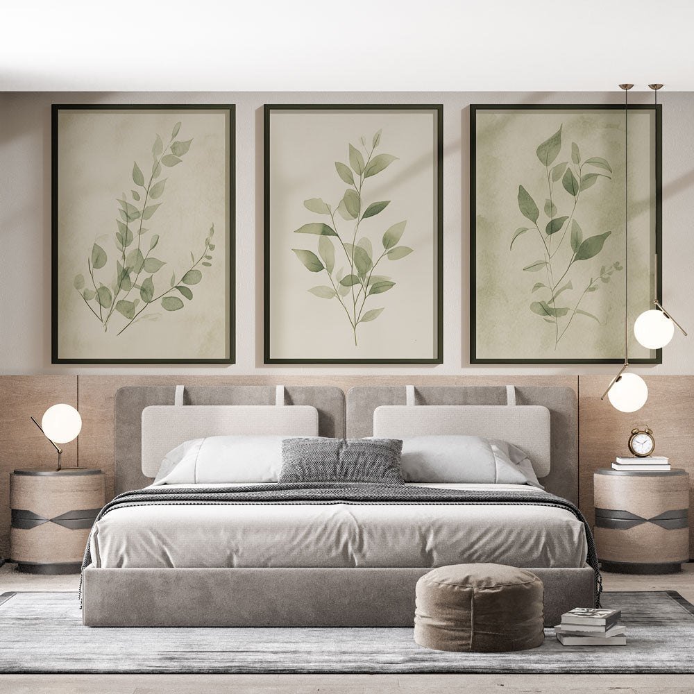 Botanical wall mural with watercolor leaves creating a peaceful atmosphere in a bright modern living room
