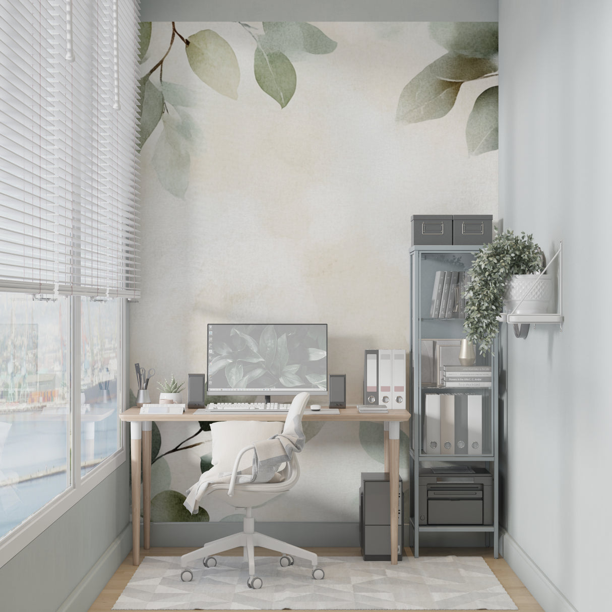 Watercolor leaf wallpaper bringing nature into a cozy bedroom setting