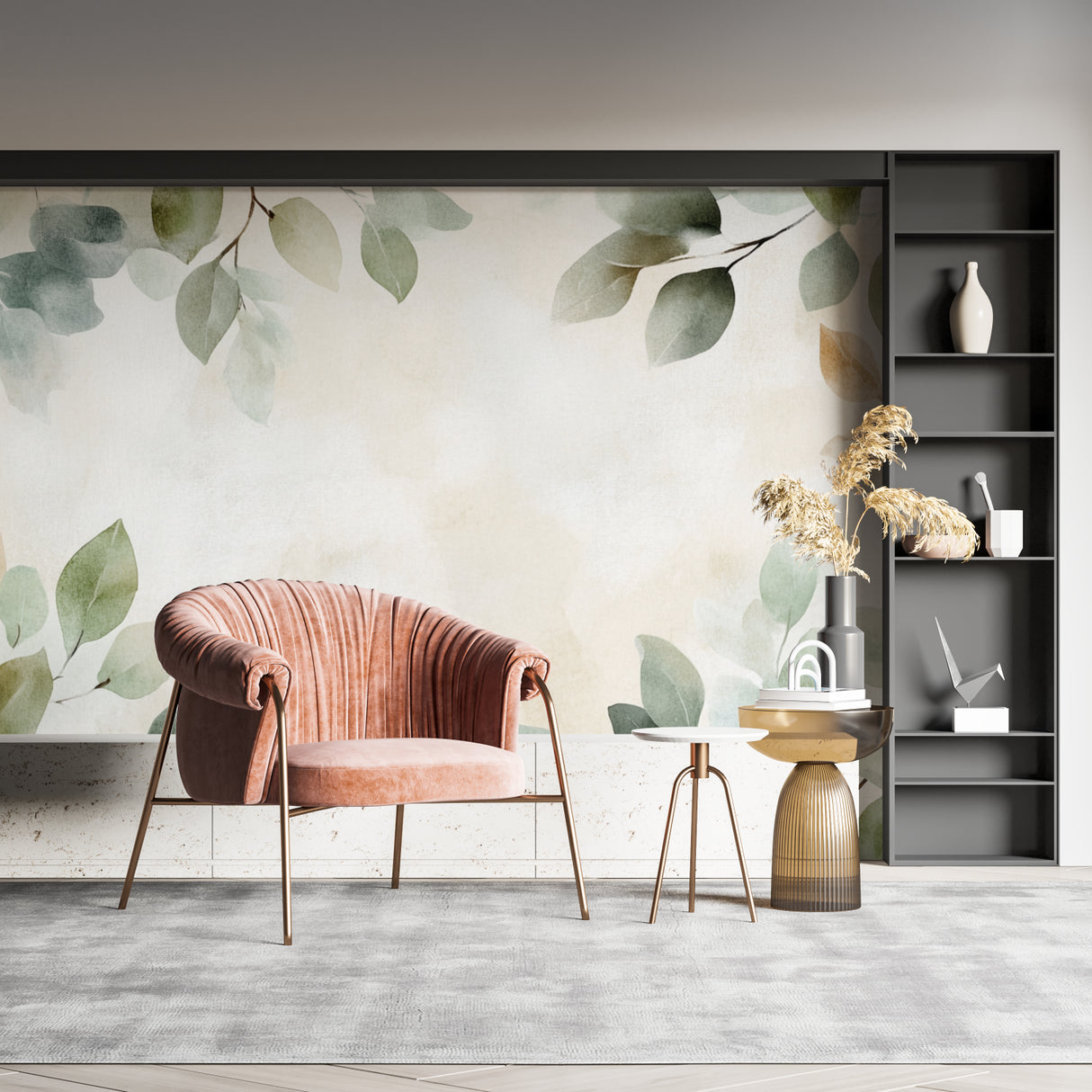 Botanical wall mural enhancing a minimalist home office space