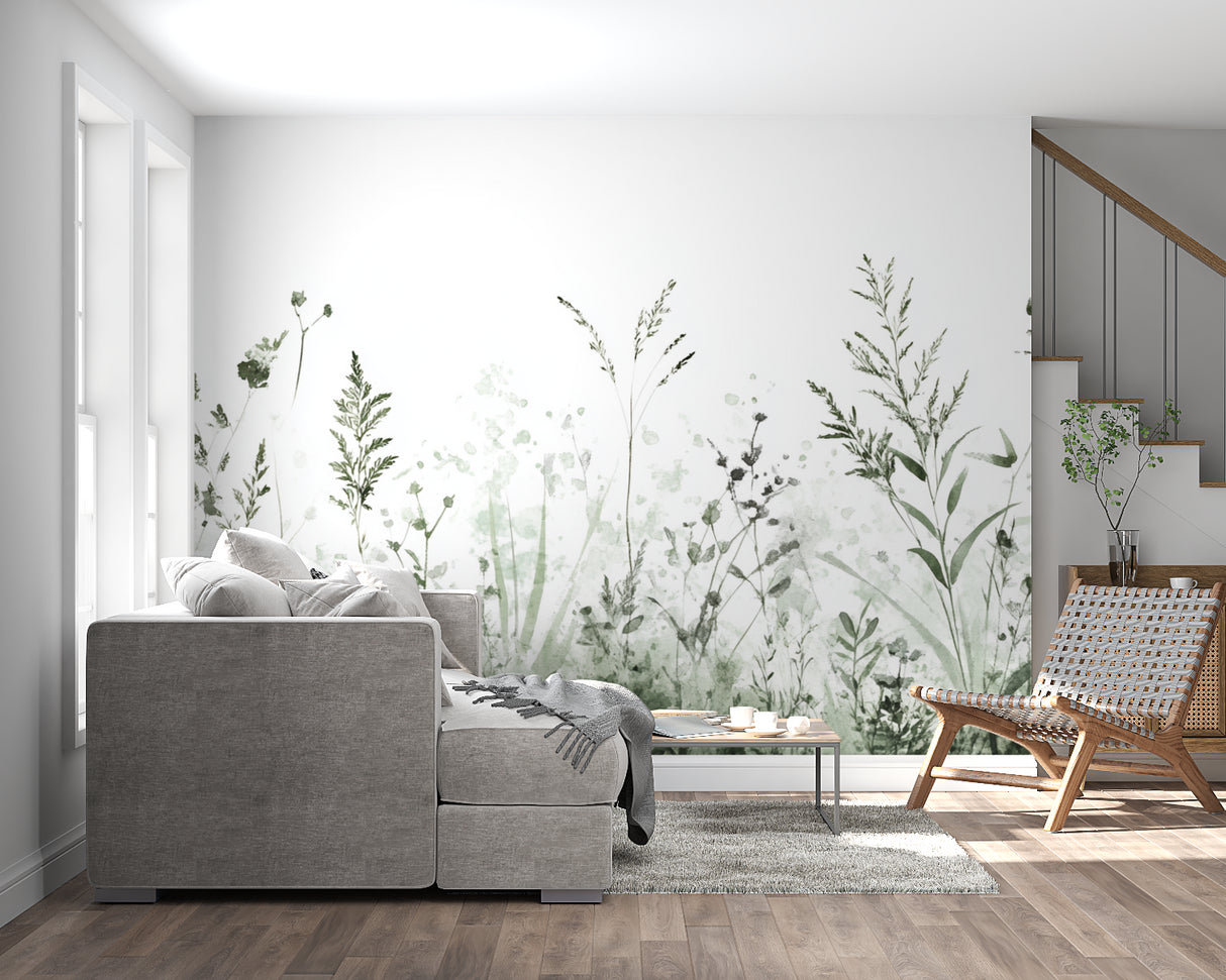 Botanical wall mural in bright modern living room showing watercolor wild plants against white wall