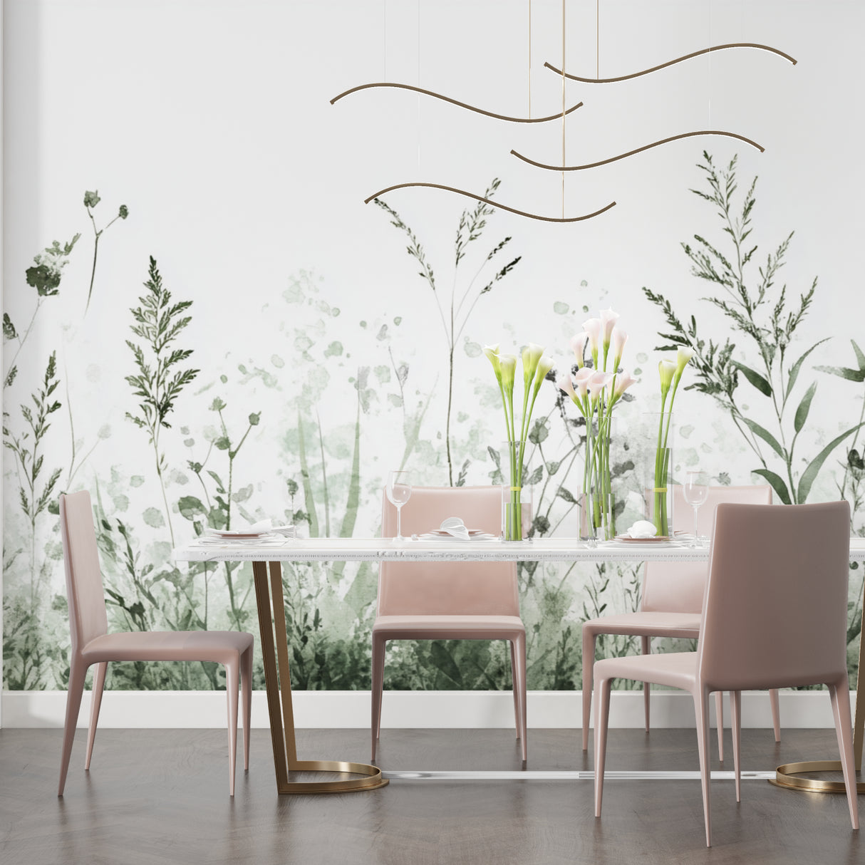 Watercolor botanical wallpaper creating calm atmosphere in master bedroom