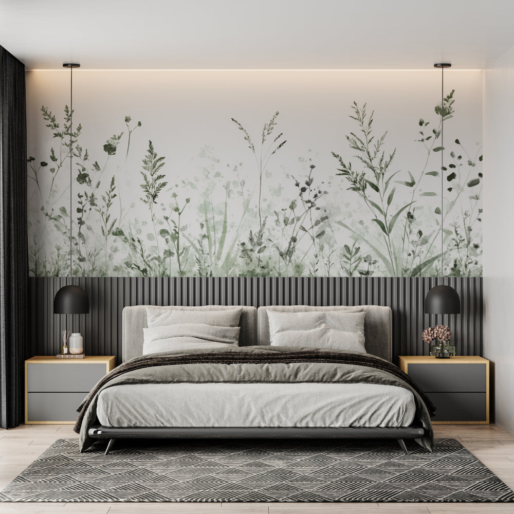 Botanical wild plant mural in minimalist dining room with natural light