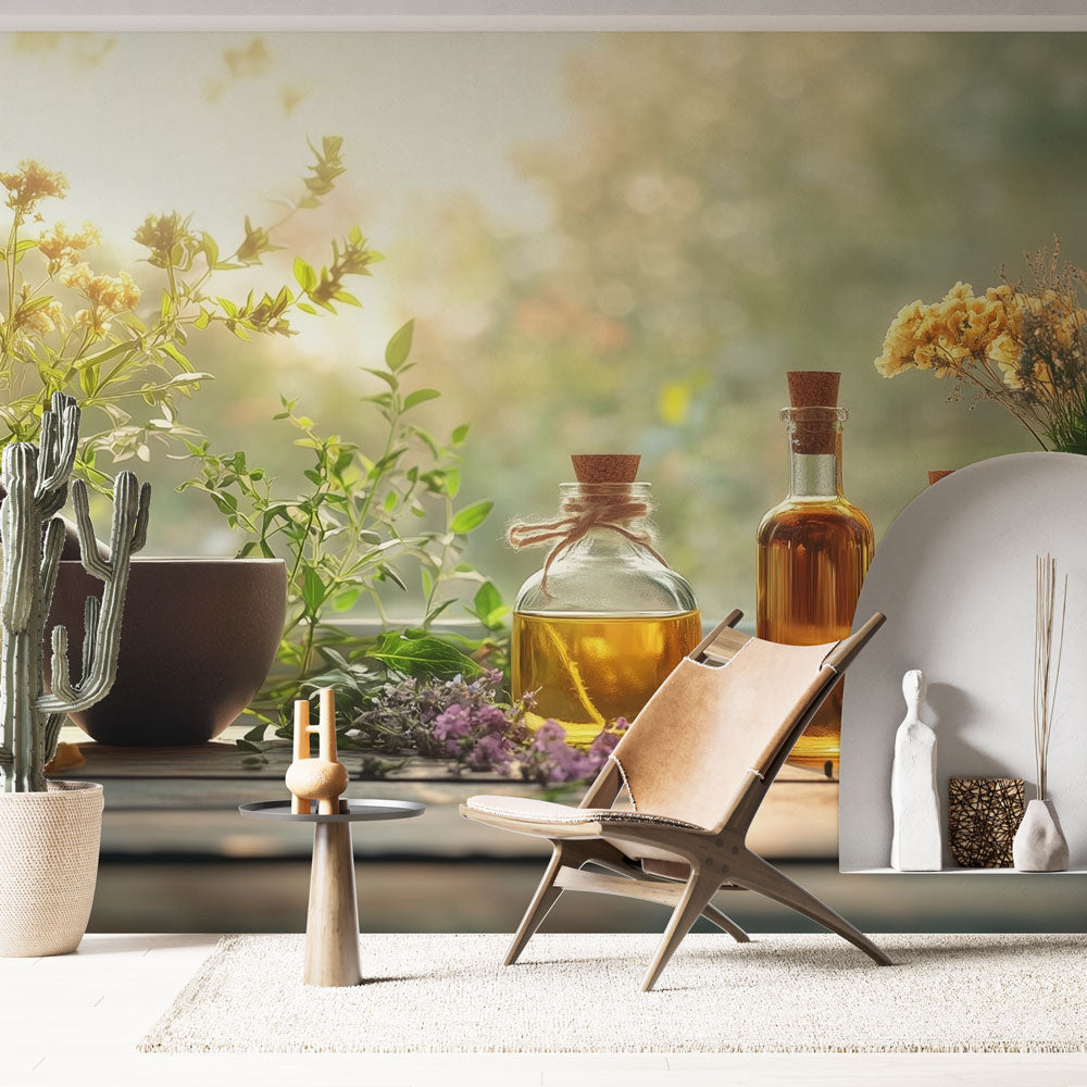 Botanical spa wallpaper creating a calm atmosphere in a modern bathroom with freestanding tub and natural light