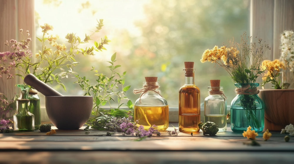 Botanical wellness wallpaper design file showing essential oils and herbs in warm golden tones