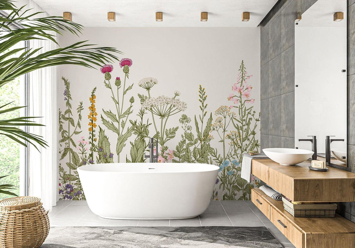 Wildflower wall mural creating a cozy atmosphere in a bedroom setting