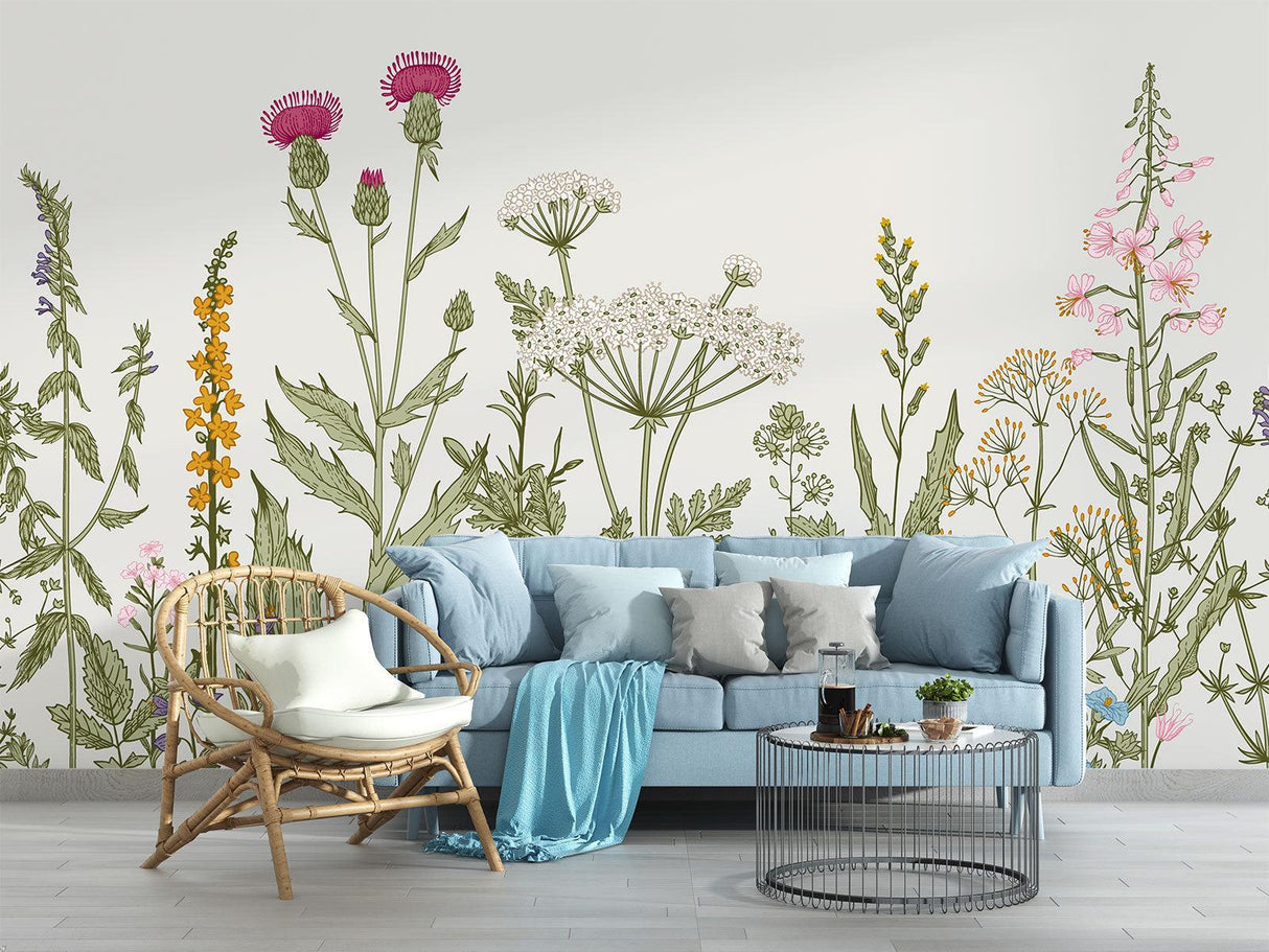 Botanical garden mural adding charm to a home office space