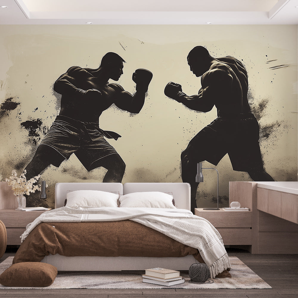 Boxing wallpaper mural styled in modern home gym, showing dynamic sepia silhouettes against neutral walls