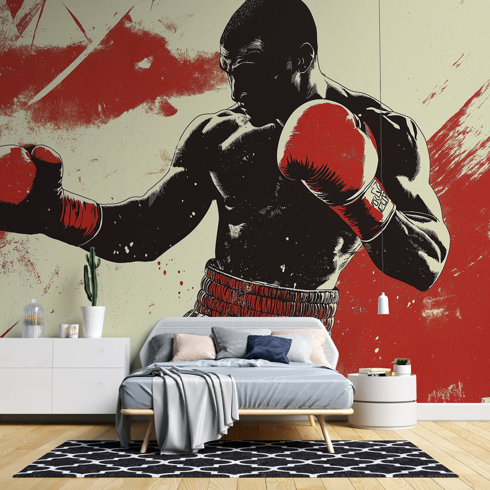 Boxing wall mural displayed in modern home gym, showing dramatic black and red design against white walls
