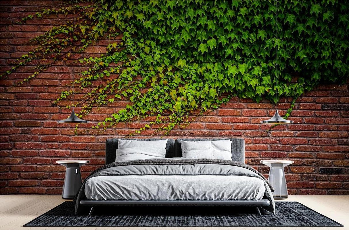 Brick and ivy wall mural creating a cozy atmosphere in a modern living room with natural lighting