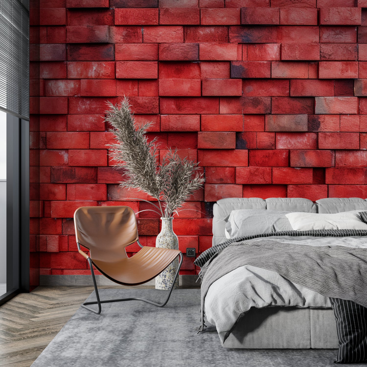 Industrial brick wallpaper creating accent wall in home office space