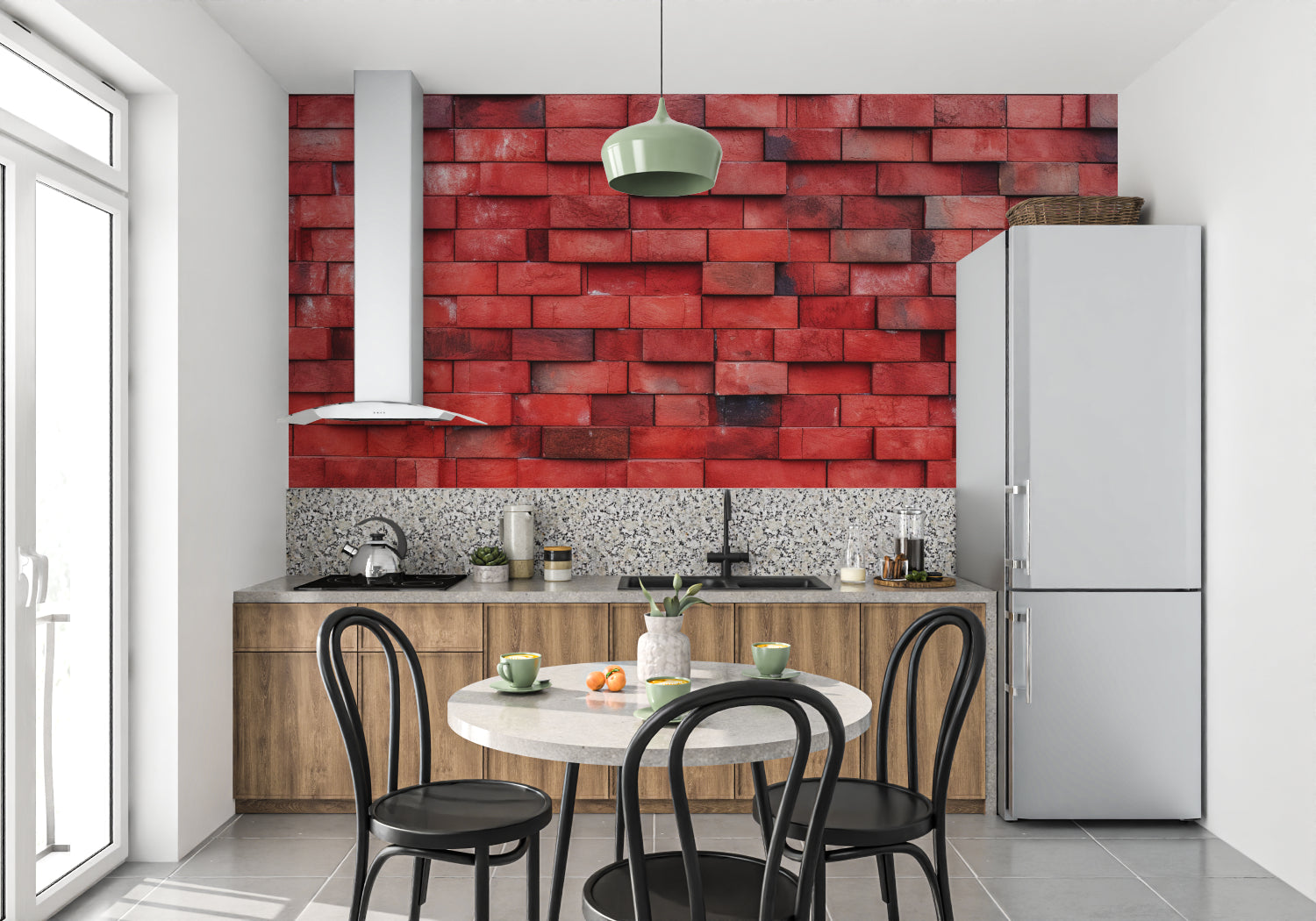 3D brick wall mural installation in urban style dining room