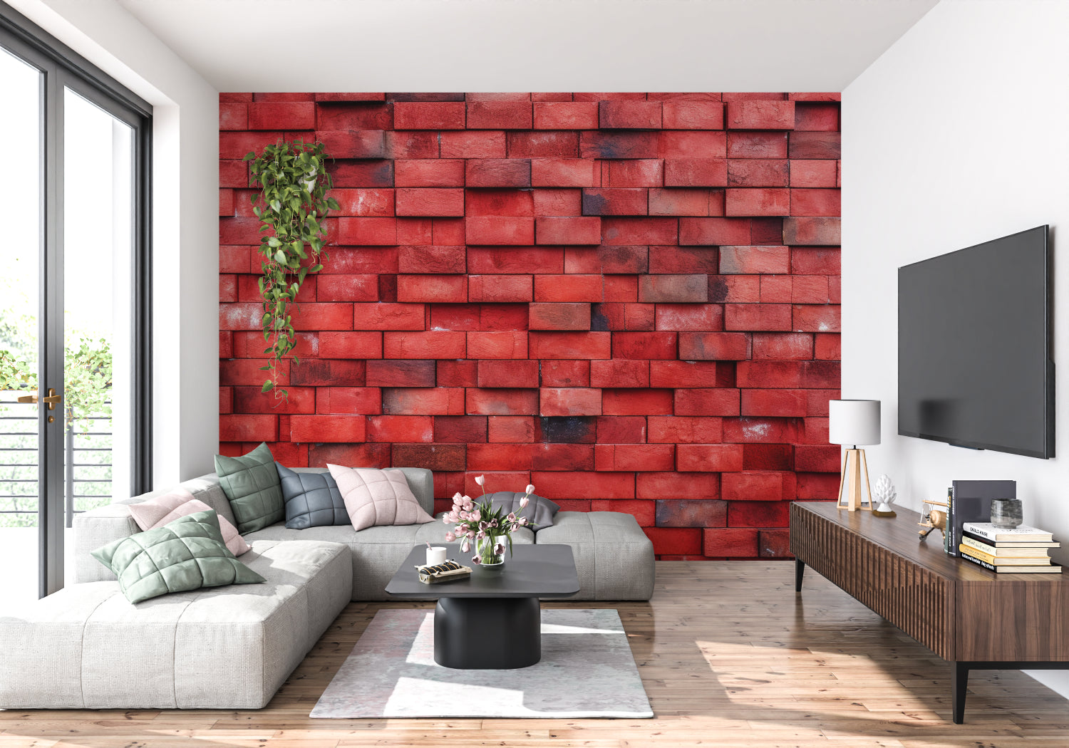 Red brick wallpaper showcased in industrial style bedroom