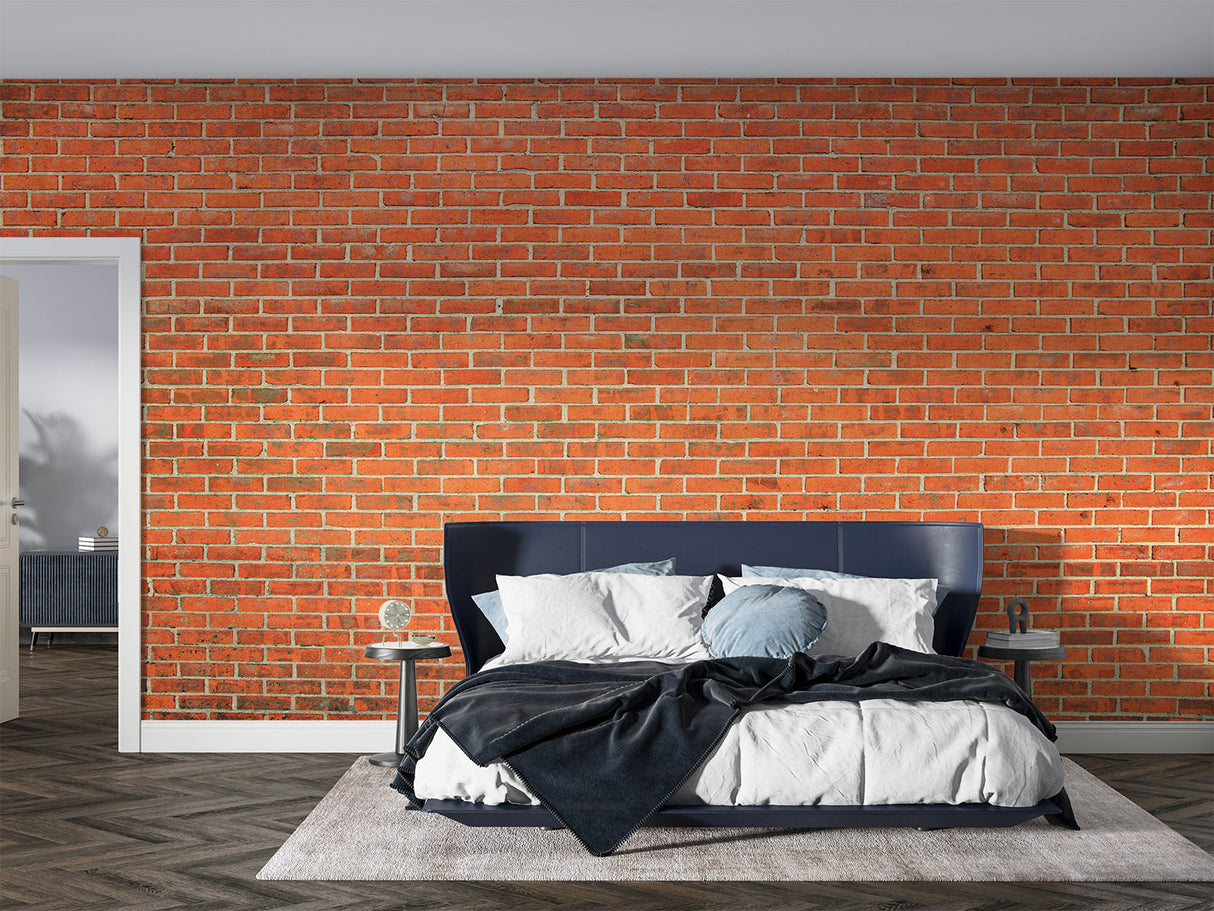 Classic red brick wall mural in bedroom creating cozy industrial atmosphere
