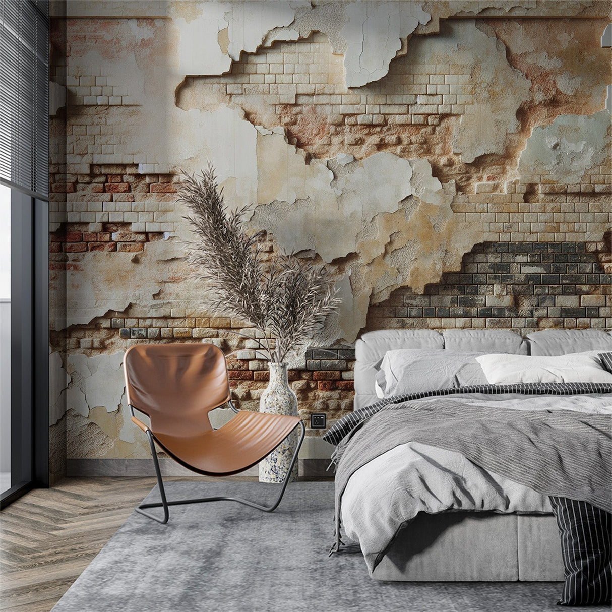 Exposed brick wallpaper creating an urban industrial feel in a modern living room with high ceilings and metal fixtures