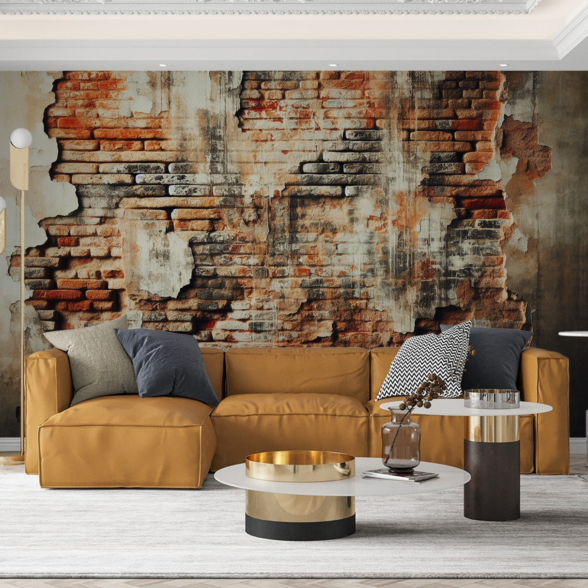 Industrial brick wallpaper creating a stunning accent wall in a modern loft living room with high ceilings