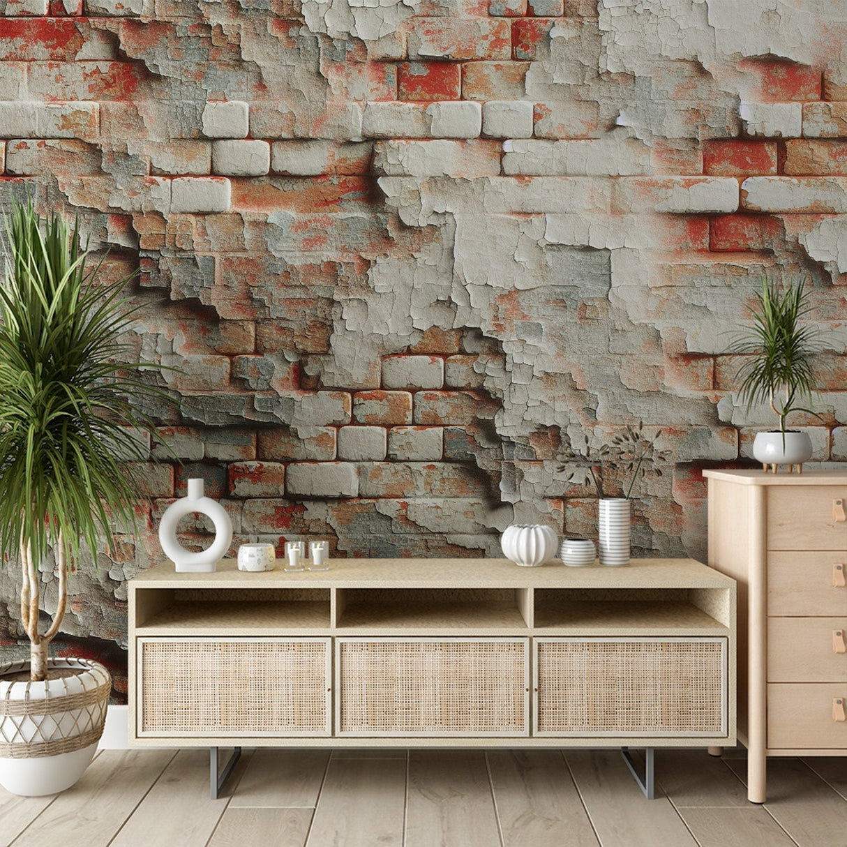 Brick wallpaper mural creating an industrial atmosphere in a modern loft living room with high ceilings