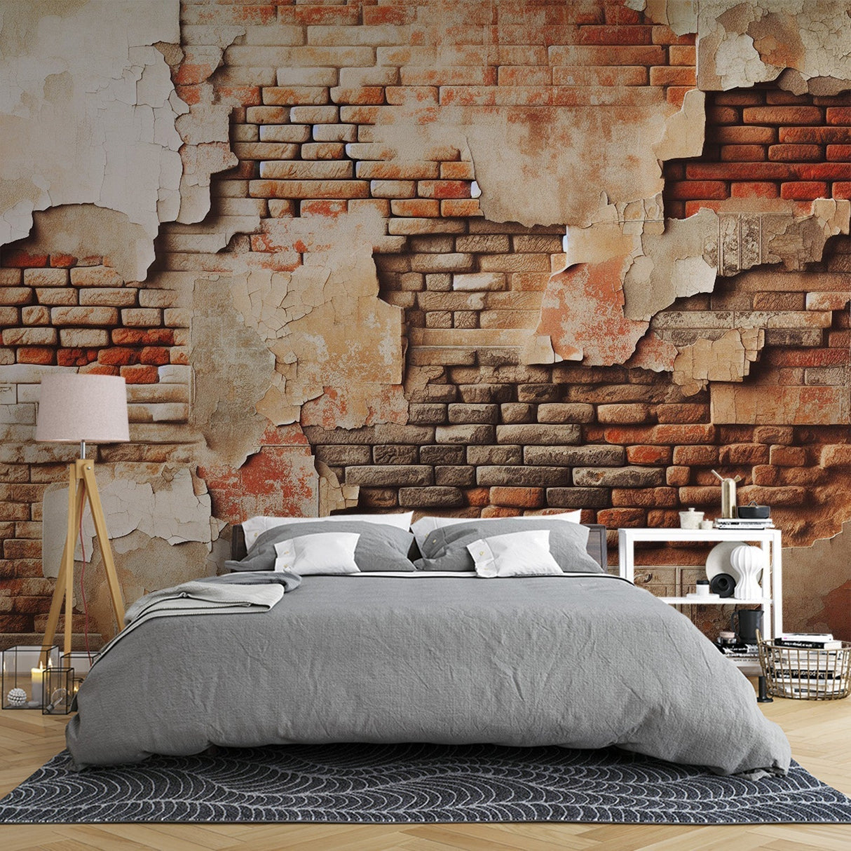 Industrial brick wallpaper creating a stunning accent wall in a modern loft living room with high ceilings