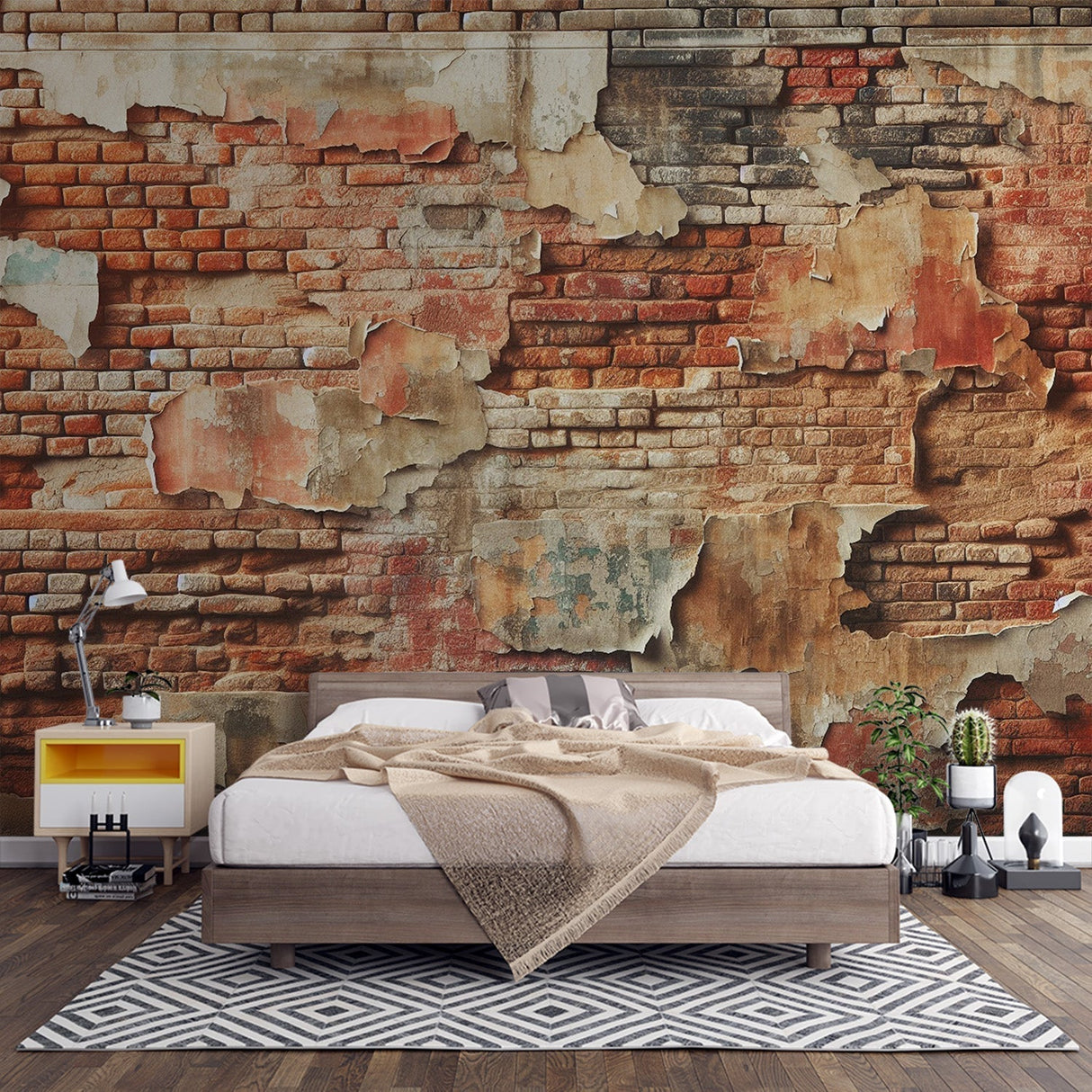 Industrial brick effect wallpaper creating a cozy atmosphere in a modern loft living room with exposed beams