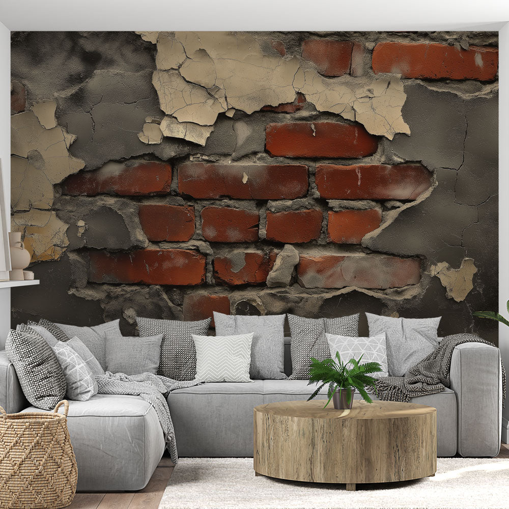 Industrial brick mural wallpaper creating a stunning feature wall in a modern loft living room with high ceilings