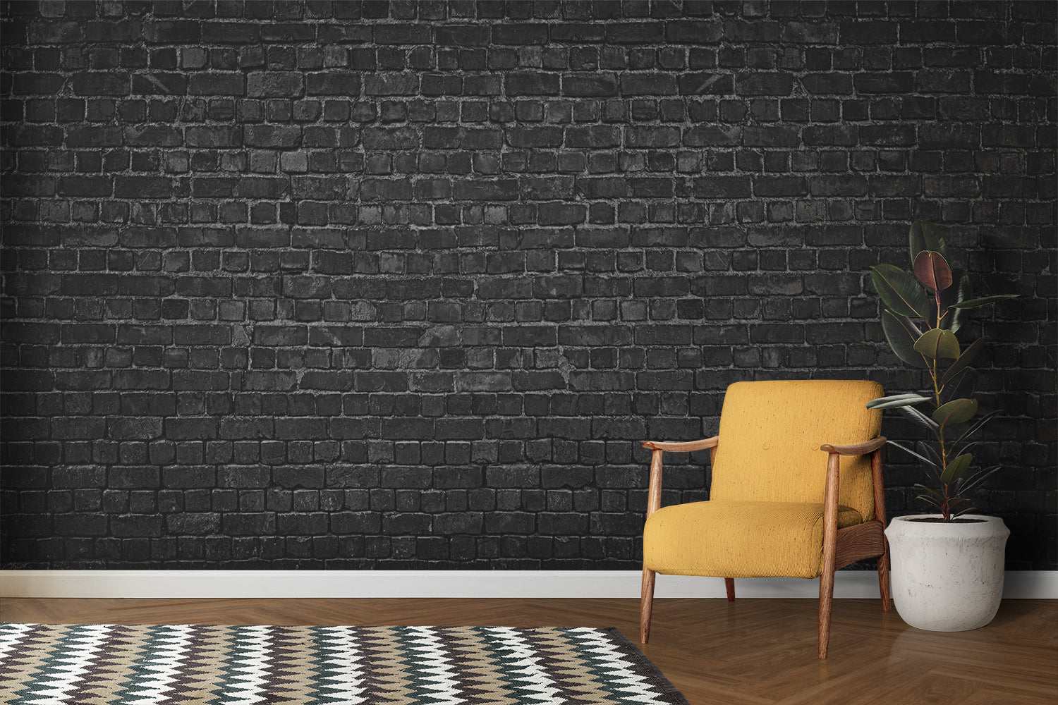 Black brick wallpaper in modern living room creating industrial atmosphere