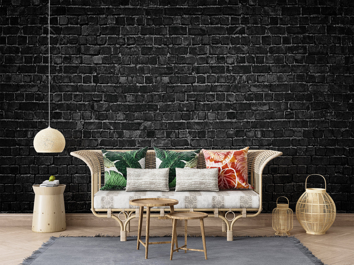 3D brick effect wallpaper in home office with dark furniture