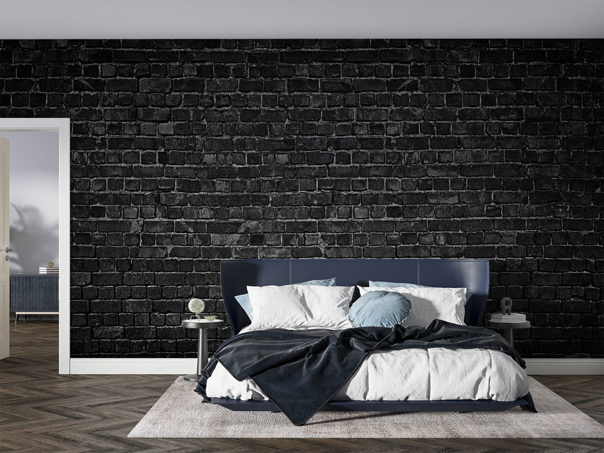 Modern black brick wallpaper featured in urban loft bedroom