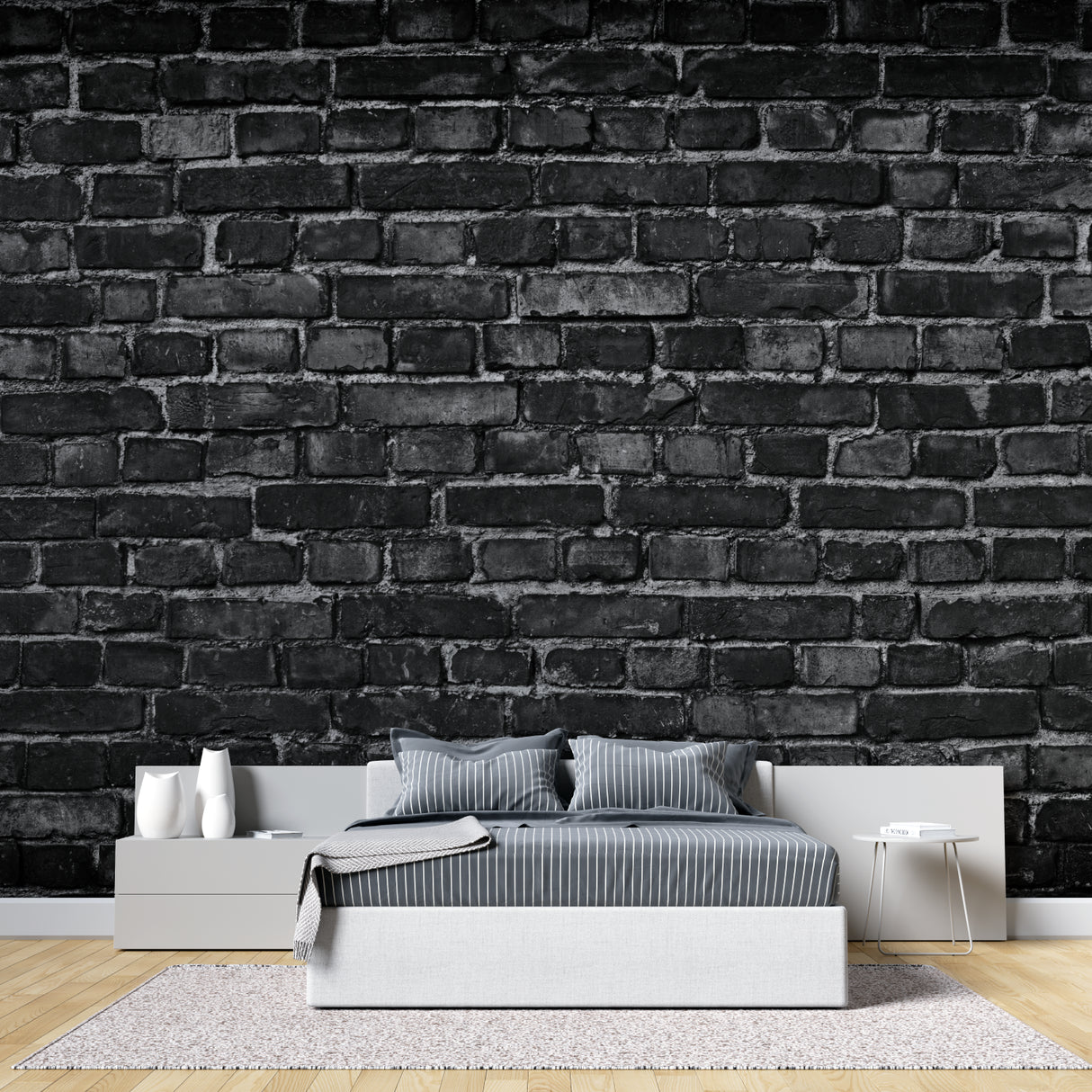 Black brick wallpaper in modern living room with grey sofa and industrial lighting