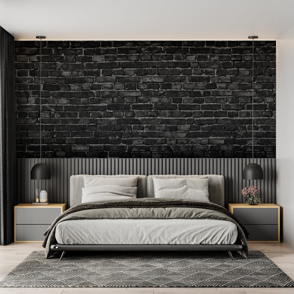 Urban black brick wallpaper in contemporary home office space