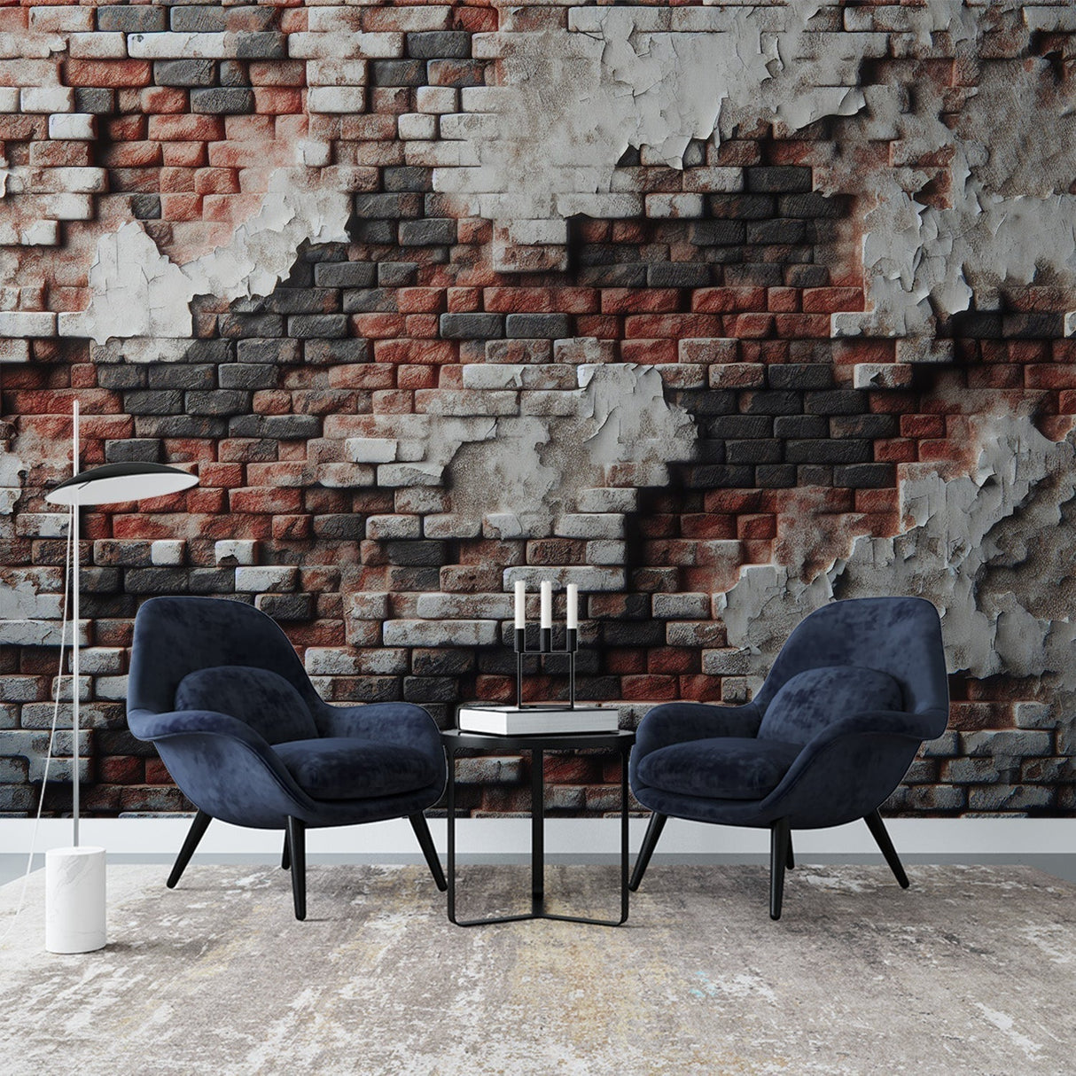 Brick wall mural creating an industrial atmosphere in a modern loft living room with high ceilings