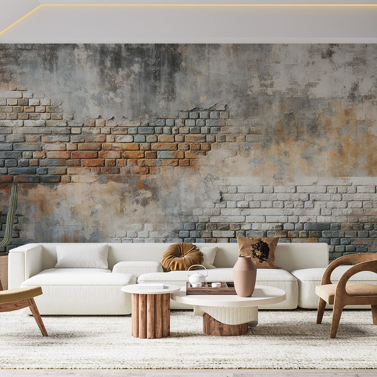 Industrial brick wallpaper creating a stunning accent wall in modern loft-style living room with high ceilings