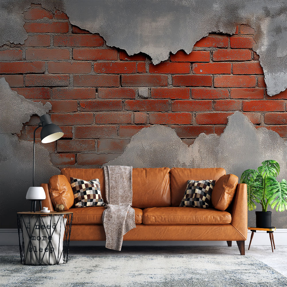 Industrial brick wallpaper creating a stunning accent wall in a modern loft living room with high ceilings and natural light