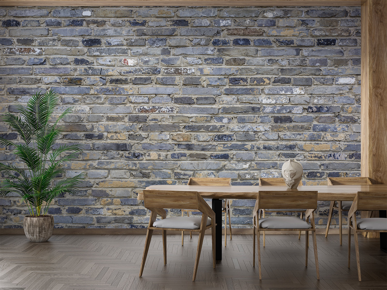 Blue-grey brick wallpaper creating accent wall in urban dining room