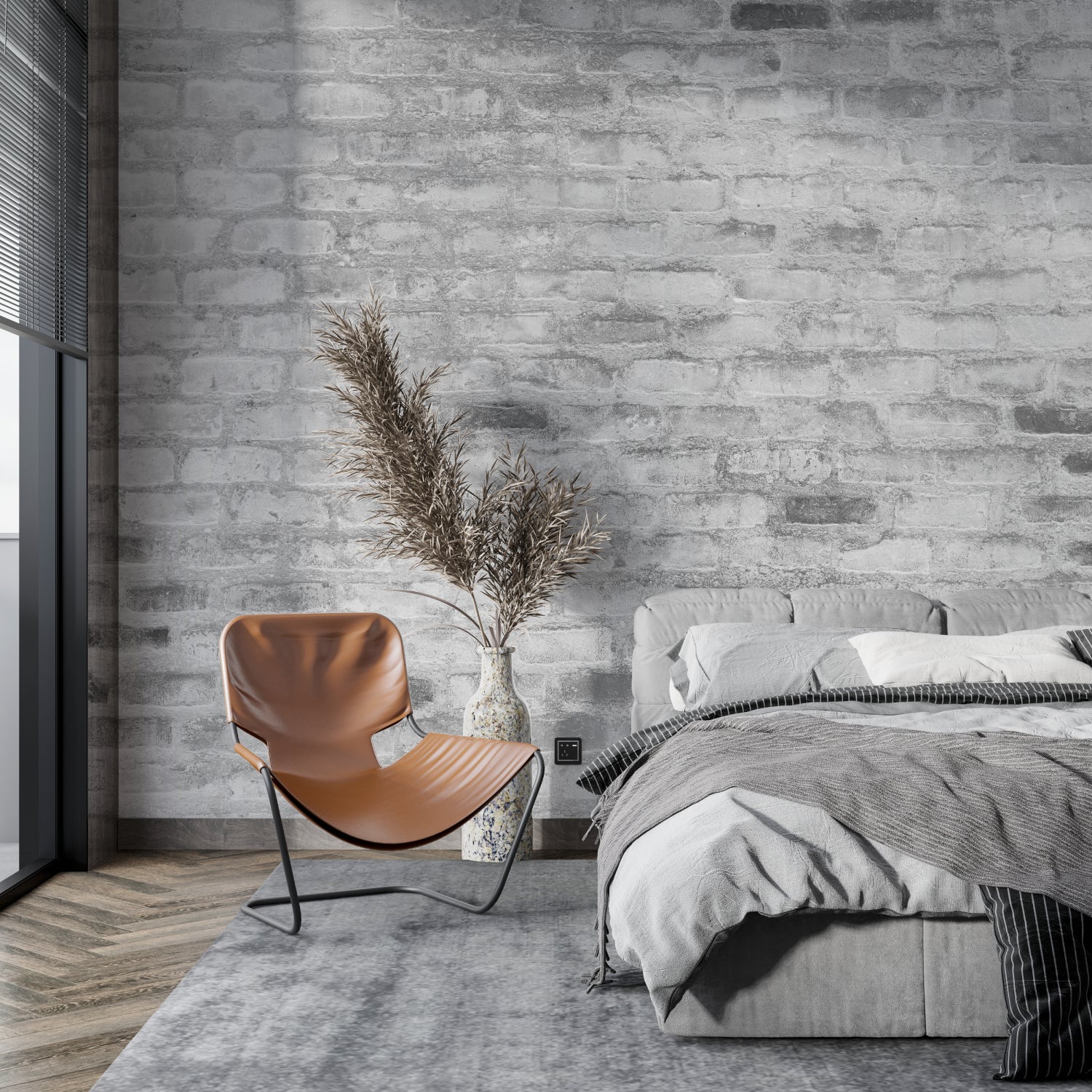Industrial stone wallpaper creating focal point in minimalist bedroom