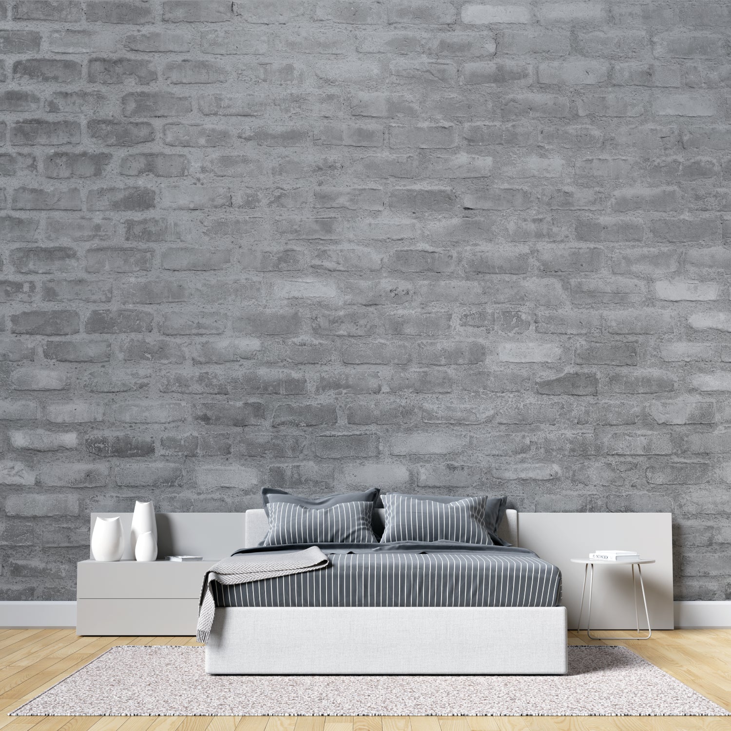 Grey brick wallpaper in modern minimalist living room with leather sofa and industrial lighting